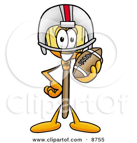 Clipart Picture of a Broom Mascot Cartoon Character in a Helmet, Holding a Football by Mascot Junction
