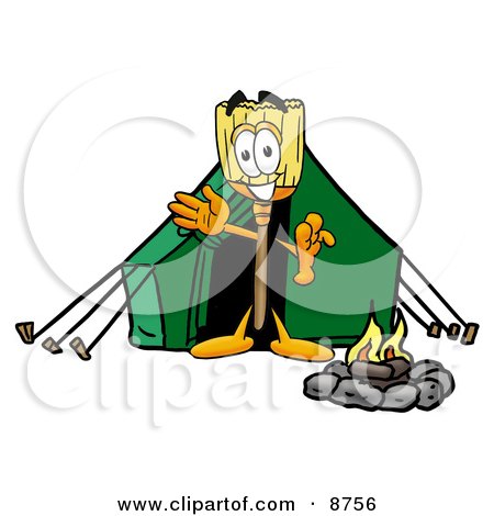 Clipart Picture of a Broom Mascot Cartoon Character Camping With a Tent and Fire by Mascot Junction
