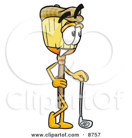 Clipart Picture of a Broom Mascot Cartoon Character Leaning on a Golf Club While Golfing by Mascot Junction