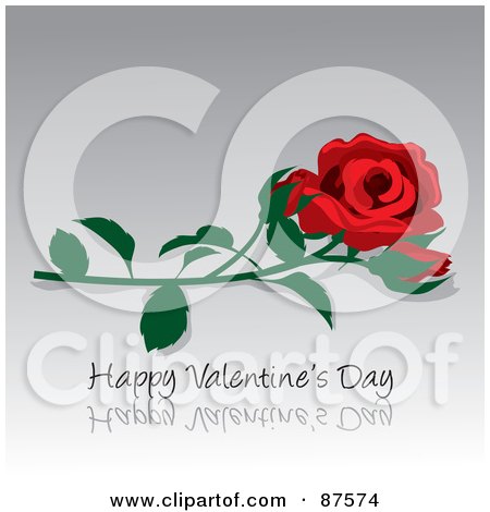 Royalty-Free (RF) Clipart Illustration of a Red Rose And Bud With A Happy Valentines Day Greeting On Reflective Gray by Pams Clipart