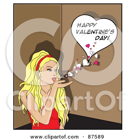 Royalty-Free (RF) Clipart Illustration of a Flirty Blond Woman Blowing Hearts And Kisses With A Happy Valentines Day Heart by Pams Clipart