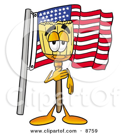 Clipart Picture of a Broom Mascot Cartoon Character Pledging Allegiance to an American Flag by Mascot Junction