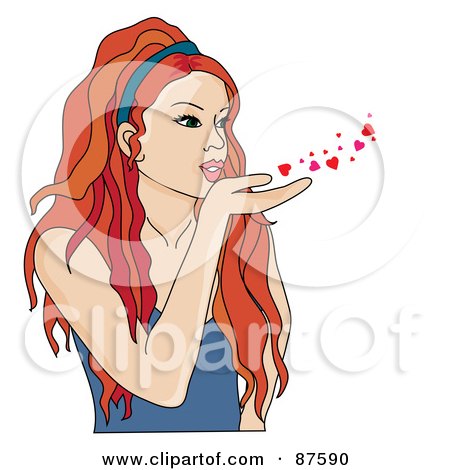 Royalty-Free (RF) Clipart Illustration of a Beautiful Red Haired Woman Blowing Hearts And Kisses by Pams Clipart
