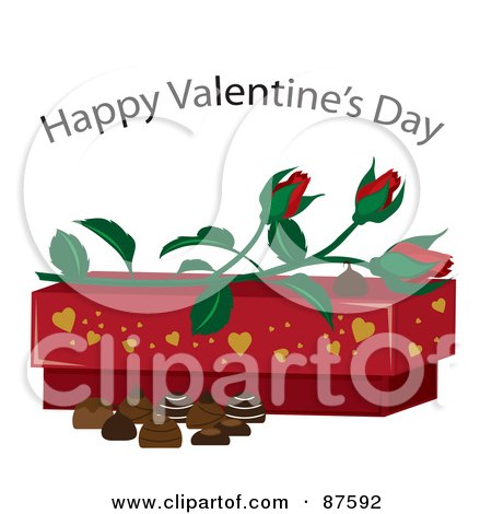 Royalty-Free (RF) Clipart Illustration of a Happy Valentine's Day Greeting Over Roses, A Box And Chocolates by Pams Clipart