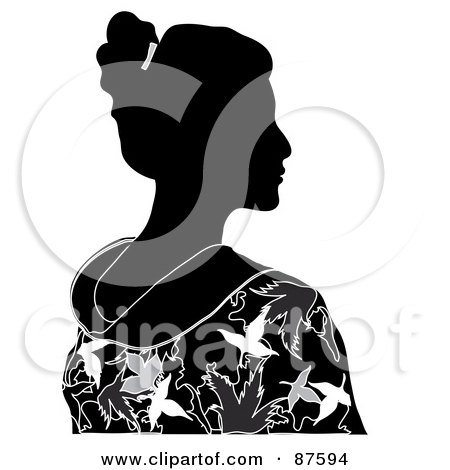 Royalty-Free (RF) Clipart Illustration of a Black And White Profiled Geisha Woman In A Kimono by Pams Clipart
