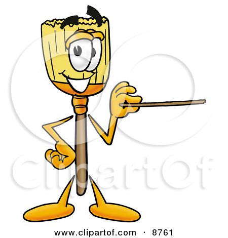Clipart Picture of a Broom Mascot Cartoon Character Holding a Pointer Stick by Mascot Junction
