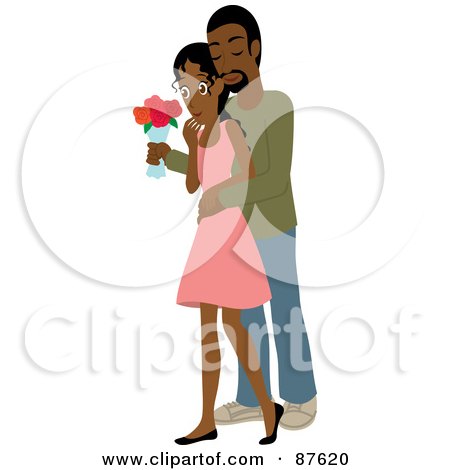 Royalty-Free (RF) Clipart Illustration of a Romantic Indian Man Standing Behind His Wife And Surprising Her With A Bouquet Of Colorful Roses by Rosie Piter