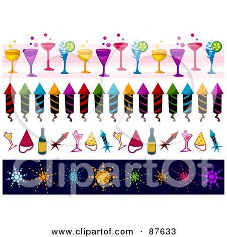 Royalty-Free (RF) Clipart Illustration of a Digital Collage Of Borders Of New Year Cocktails, Rockets And Fireworks by BNP Design Studio