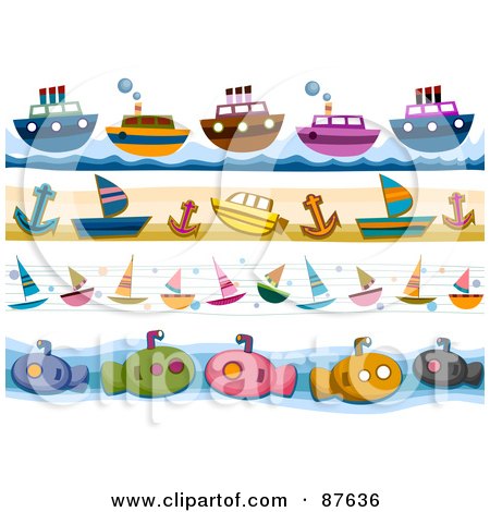 Royalty-Free (RF) Clipart Illustration of a Digital Collage Of Boat, Sailboat And Submarine Borders by BNP Design Studio