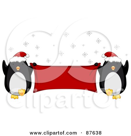 Royalty-Free (RF) Clipart Illustration of Two Dancing Christmas Penguins Wearing Santa Hats And Holding A Blank Red Banner by BNP Design Studio