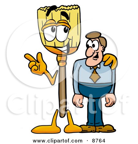 Clipart Picture of a Broom Mascot Cartoon Character Talking to a Business Man by Mascot Junction