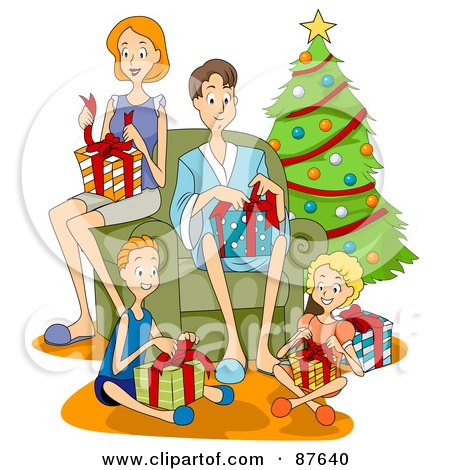 Royalty-Free (RF) Clipart Illustration of a Happy Caucasian Family Of Four Opening Presents On Christmas Morning by BNP Design Studio