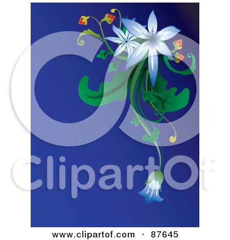 Royalty-Free (RF) Clipart Illustration of a Blue Background With Blue Flowers, Green Foliage And Berries by BNP Design Studio
