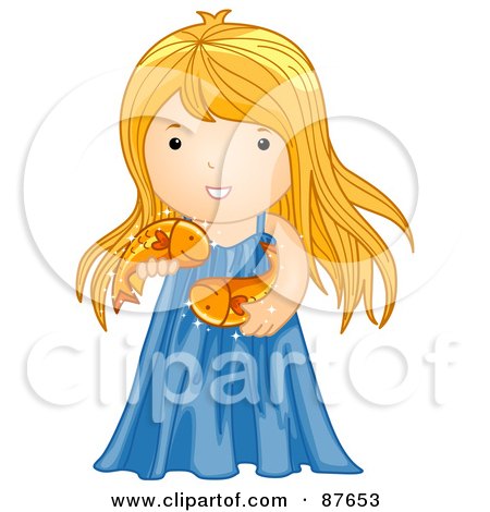 Royalty-Free (RF) Clipart Illustration of an Astrological Cute Pisces Girl Holding Fish by BNP Design Studio