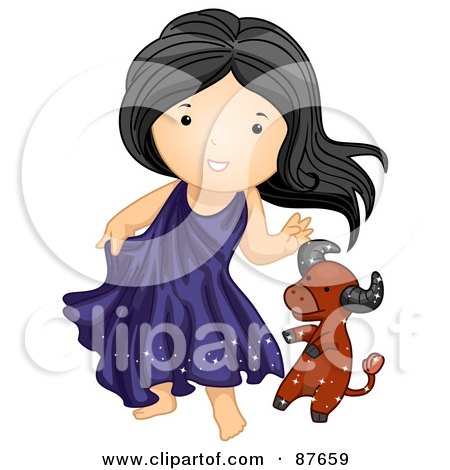 Royalty-Free (RF) Clipart Illustration of an Astrological Cute Taurus Girl Playing With A Bull by BNP Design Studio