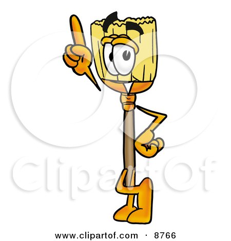 Clipart Picture of a Broom Mascot Cartoon Character Pointing Upwards by Mascot Junction