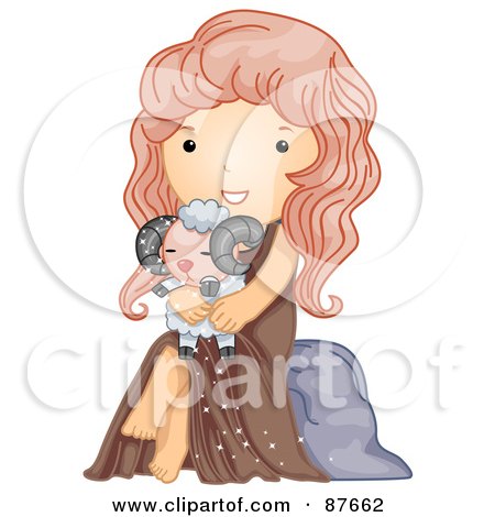 Royalty-Free (RF) Clipart Illustration of an Astrological Cute Aries Girl Holding A Ram by BNP Design Studio