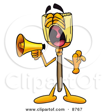Clipart Picture of a Broom Mascot Cartoon Character Screaming Into a Megaphone by Mascot Junction