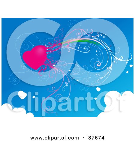 Royalty-Free (RF) Clipart Illustration of a Pink Vine Heart In A Blue Sky With Clouds by BNP Design Studio