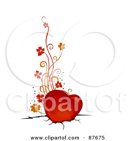 Royalty-Free (RF) Clipart Illustration of a Red Heart With Floral Vines, Stuck In Broken Ground by BNP Design Studio