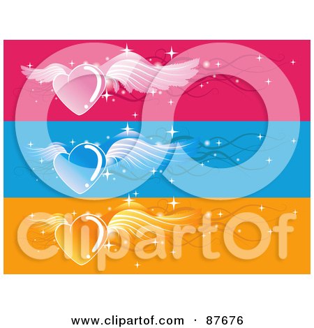 Royalty-Free (RF) Clipart Illustration of a Digital Collage Of Pink, Blue And Orange Magical Winged Heart Borders by BNP Design Studio