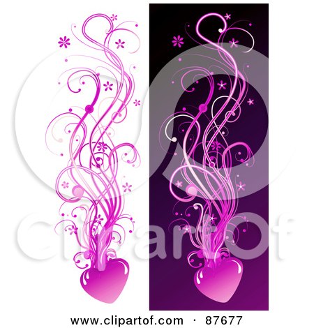 Royalty-Free (RF) Clipart Illustration of a Digital Collage Of Pink Vines Growing From Hearts, On White And Purple Backgrounds by BNP Design Studio