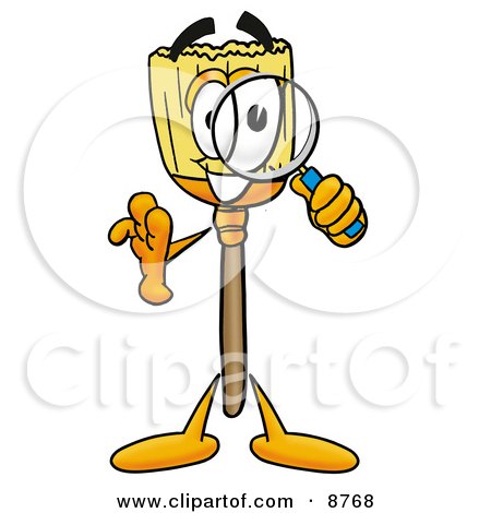Clipart Picture of a Broom Mascot Cartoon Character Looking Through a Magnifying Glass by Mascot Junction