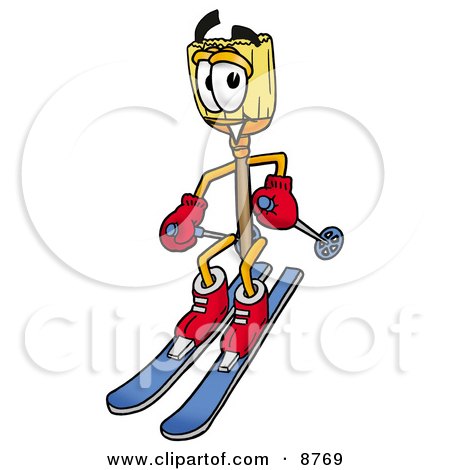 Clipart Picture of a Broom Mascot Cartoon Character Skiing Downhill by Mascot Junction