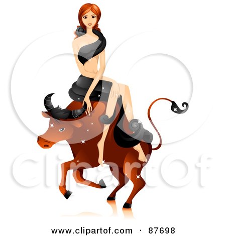 Royalty-Free (RF) Clipart Illustration of a Beautiful Horoscope Taurus Woman Sitting On A Bull by BNP Design Studio