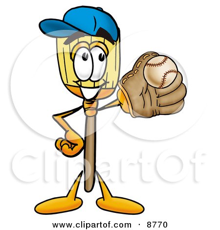 Clipart Picture of a Broom Mascot Cartoon Character Catching a Baseball With a Glove by Mascot Junction
