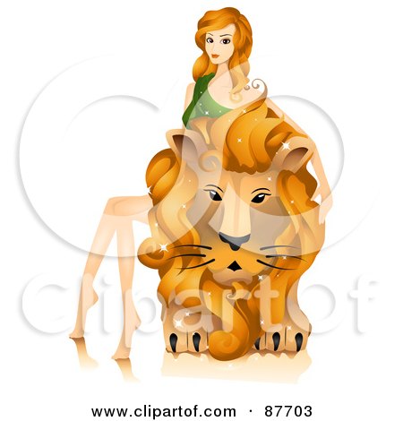 Royalty-Free (RF) Clipart Illustration of a Beautiful Horoscope Leo Woman Sitting On And Petting A Lion by BNP Design Studio
