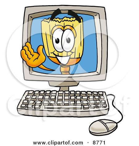Clipart Picture of a Broom Mascot Cartoon Character Waving From Inside a Computer Screen by Mascot Junction