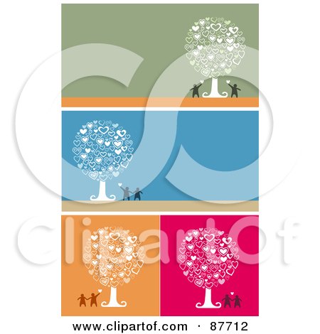 Royalty-Free (RF) Clipart Illustration of a Digital Collage Of Couples An Heart Trees On Green, Blue, Orange And Pink Backgrounds by Qiun