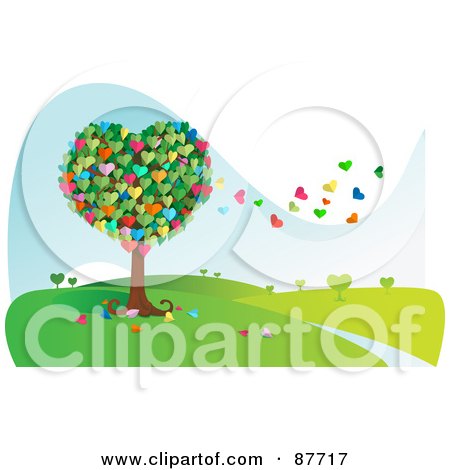 Royalty-Free (RF) Clipart Illustration of a Colorful Heart Tree With Leaves Floating Away In The Breeze by Qiun