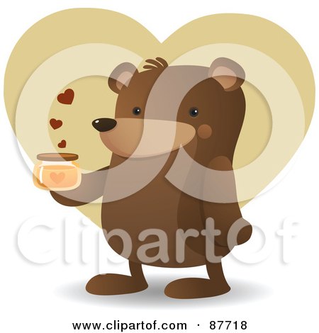 Royalty-Free (RF) Clipart Illustration of a Happy Brown Bear Standing And Holding A Jar Of Honey, Over A Tan Heart by Qiun