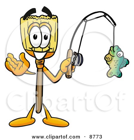 Clipart Picture of a Broom Mascot Cartoon Character Holding a Fish on a Fishing Pole by Mascot Junction