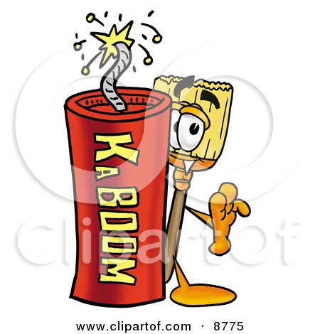 Clipart Picture of a Broom Mascot Cartoon Character Standing With a Lit Stick of Dynamite by Mascot Junction
