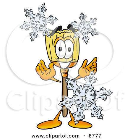 Clipart Picture of a Broom Mascot Cartoon Character With Three Snowflakes in Winter by Mascot Junction