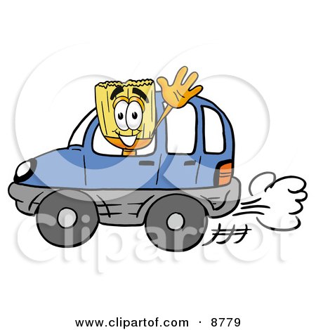 Clipart Picture of a Broom Mascot Cartoon Character Driving a Blue Car and Waving by Mascot Junction