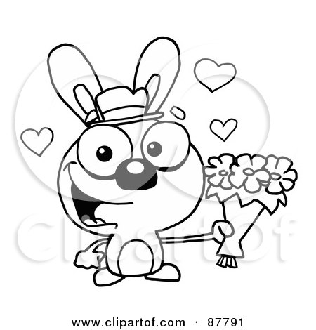 Royalty-Free (RF) Clipart Illustration of a Sweet Outlined Bunny Holding A Bouquet Of Valentines Flowers by Hit Toon