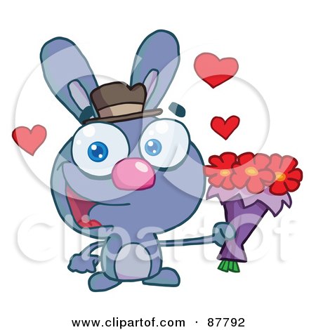 Royalty-Free (RF) Clipart Illustration of a Sweet Blue Bunny Holding A Bouquet Of Valentines Flowers by Hit Toon