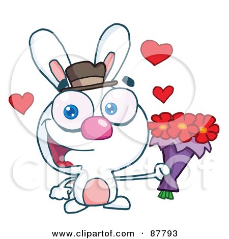 Royalty-Free (RF) Clipart Illustration of a Sweet White Bunny Holding A Bouquet Of Valentines Flowers by Hit Toon