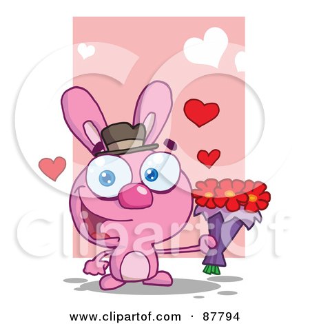 Royalty-Free (RF) Clipart Illustration of a Romantic Pink Bunny Holding A Bouquet Of Valentines Flowers by Hit Toon