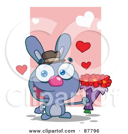 Royalty-Free (RF) Clipart Illustration of a Romantic Blue Bunny Holding A Bouquet Of Valentines Flowers by Hit Toon