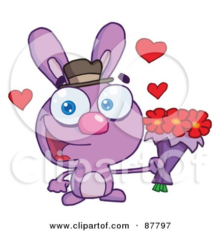 Royalty-Free (RF) Clipart Illustration of a Sweet Purple Bunny Holding A Bouquet Of Valentines Flowers by Hit Toon