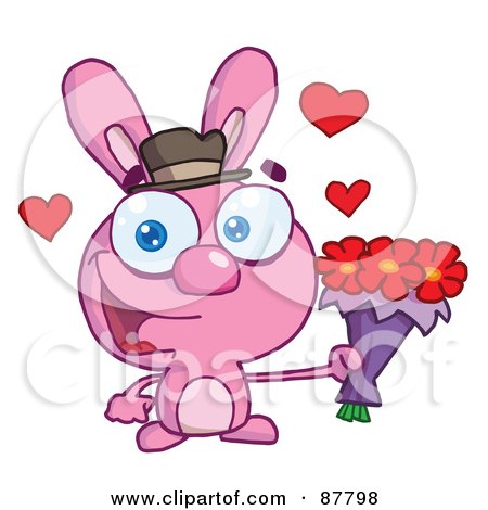 Royalty-Free (RF) Clipart Illustration of a Sweet Pink Bunny Holding A Bouquet Of Valentines Flowers by Hit Toon