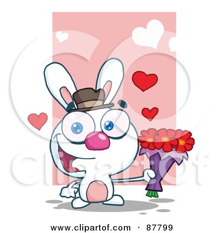 Royalty-Free (RF) Clipart Illustration of a Romantic White Bunny Holding A Bouquet Of Valentines Flowers by Hit Toon