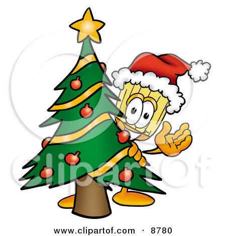 Clipart Picture of a Broom Mascot Cartoon Character Waving and Standing by a Decorated Christmas Tree by Mascot Junction
