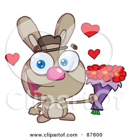 Royalty-Free (RF) Clipart Illustration of a Sweet Brown Bunny Holding A Bouquet Of Valentines Flowers by Hit Toon