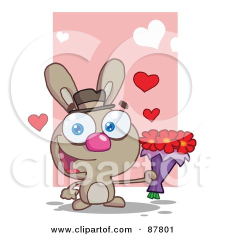 Royalty-Free (RF) Clipart Illustration of a Romantic Brown Bunny Holding A Bouquet Of Valentines Flowers by Hit Toon